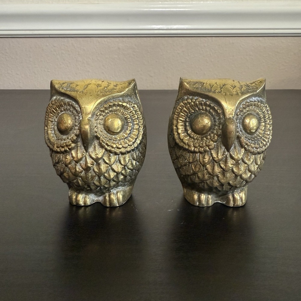 Brass Owl Pair Figurines Paperweights Vintage Patina MCM Mid Century Couple